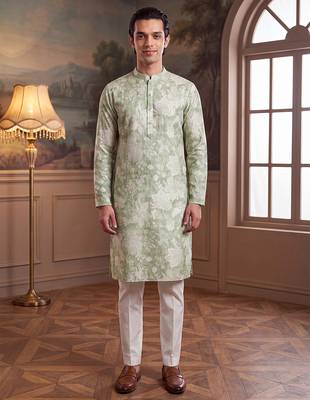 green linen blend floral printed straight kurta with trouser set  1