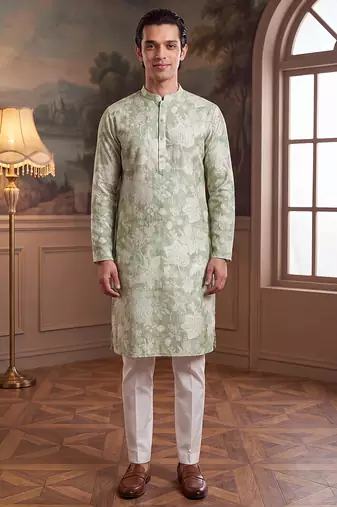 green linen blend floral printed straight kurta with trouser set 