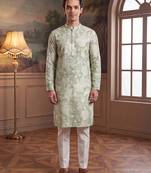 green linen blend floral printed straight kurta with trouser set 