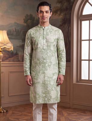 green linen blend floral printed straight kurta with trouser set  2