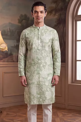 green linen blend floral printed straight kurta with trouser set 
