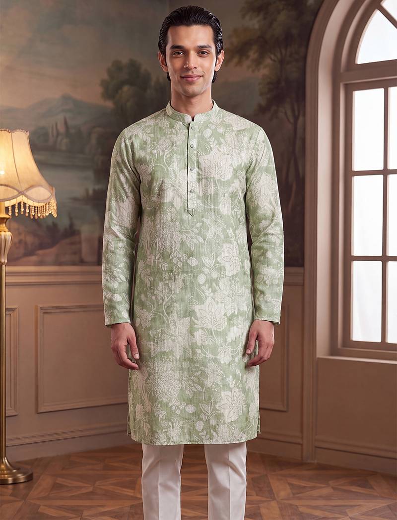 green linen blend floral printed straight kurta with trouser set 