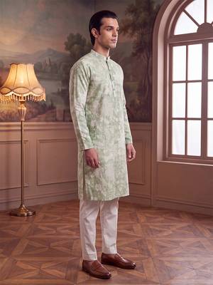 green linen blend floral printed straight kurta with trouser set  3
