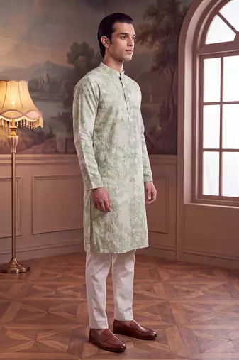 green linen blend floral printed straight kurta with trouser set 