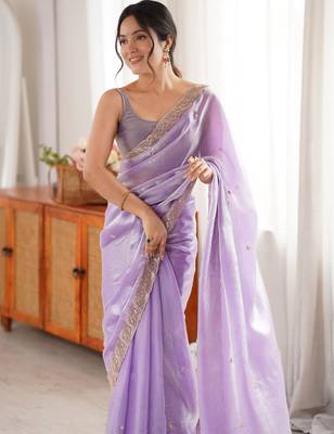 Lilac tissue satin embroidered saree with unstitched blouse piece. 1