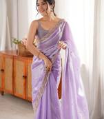 Lilac tissue satin embroidered saree with unstitched blouse piece.