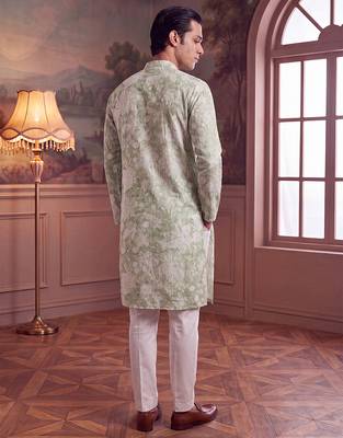 green linen blend floral printed straight kurta with trouser set  4