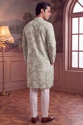 green linen blend floral printed straight kurta with trouser set 