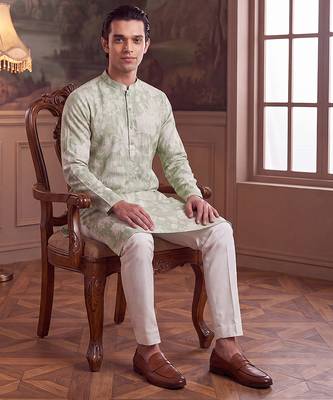 green linen blend floral printed straight kurta with trouser set  5