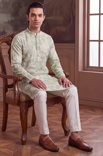 green linen blend floral printed straight kurta with trouser set 
