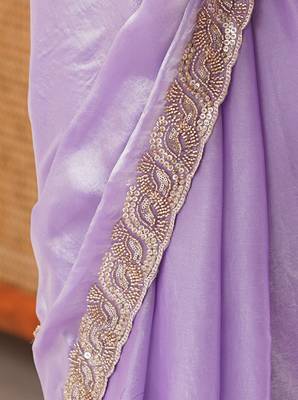 Lilac tissue satin embroidered saree with unstitched blouse piece. 3