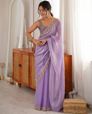 Lilac tissue satin embroidered saree with unstitched blouse piece. 4