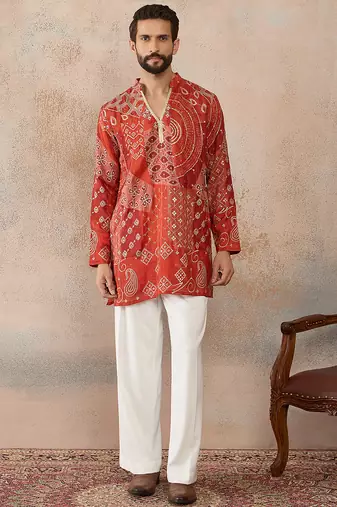 orange modal ethnic motifs embroidered straight kurta with trouser set 