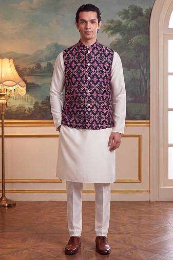 navy blue silk blend printed design koti 