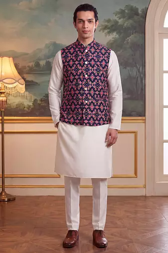 navy blue silk blend printed design koti 