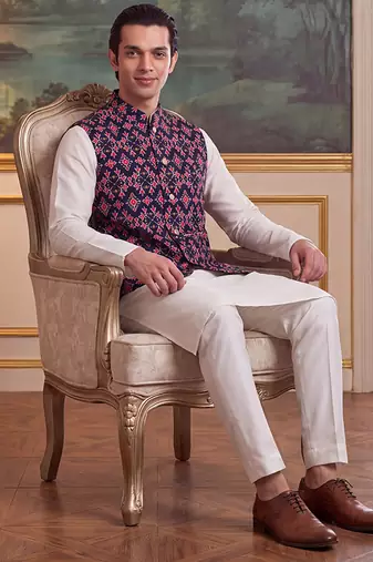 navy blue silk blend printed design koti 