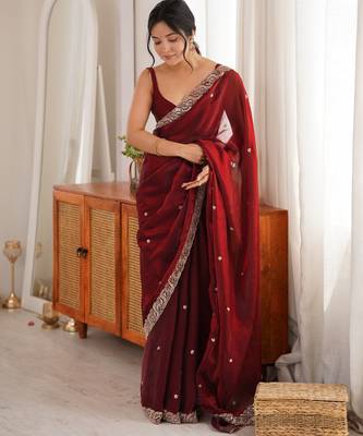 Maroon tissue satin embroidered saree with unstitched blouse piece. 2