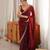 Maroon tissue satin embroidered saree with unstitched blouse piece.