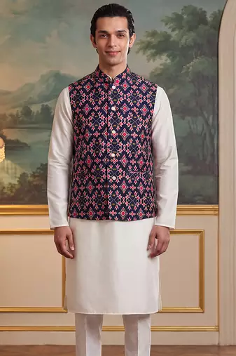 navy blue silk blend printed design koti 