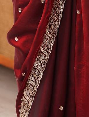 Maroon tissue satin embroidered saree with unstitched blouse piece. 3