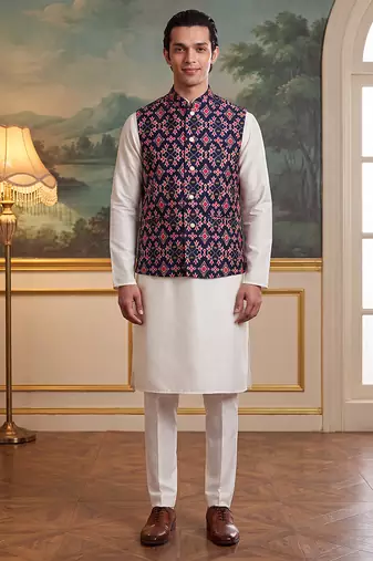 navy blue silk blend printed design koti 