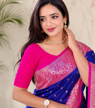 violet color zari woven buttas contrast border silk blend saree