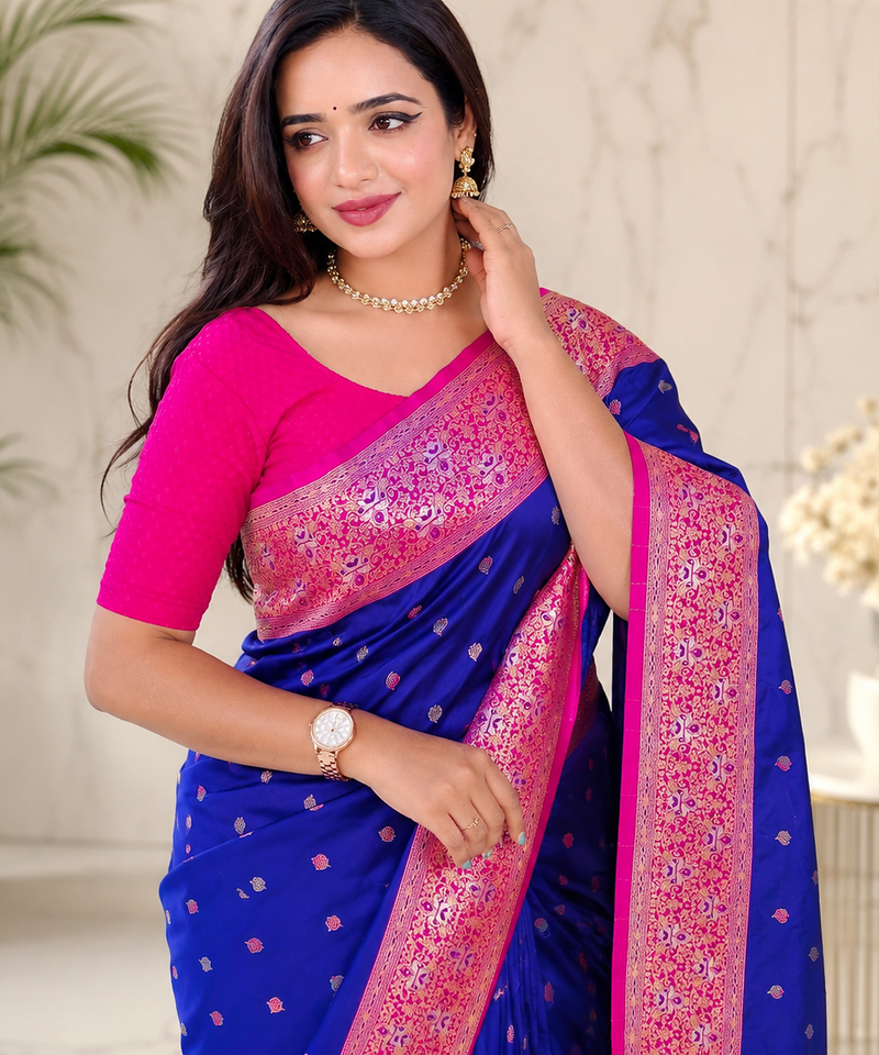 violet color zari woven buttas contrast border silk blend saree