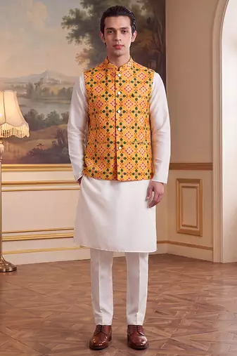 yellow silk blend printed design koti 