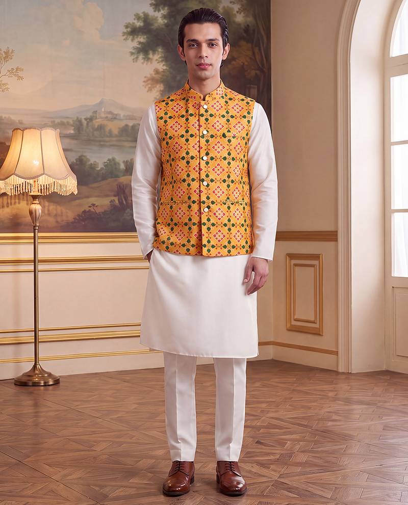 yellow silk blend printed design koti 