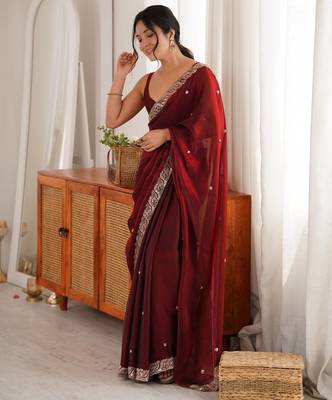 Maroon tissue satin embroidered saree with unstitched blouse piece. 4