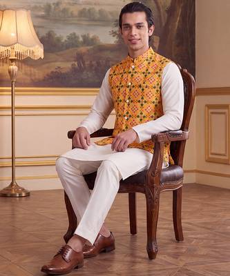 yellow silk blend printed design koti  2