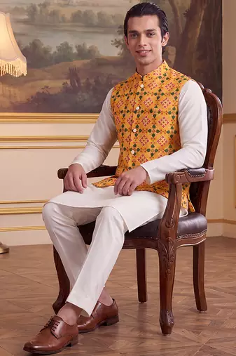 yellow silk blend printed design koti 