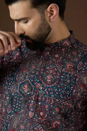 blue georgette solid embroidered straight kurta with trouser set 