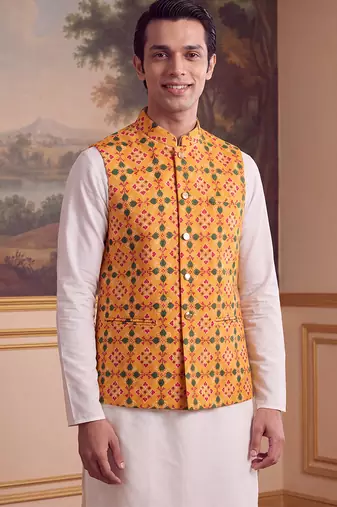 yellow silk blend printed design koti 