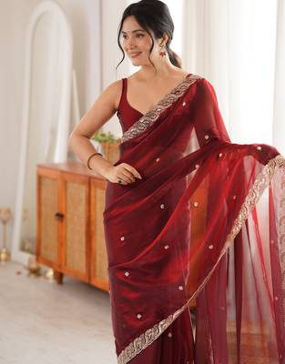 Maroon tissue satin embroidered saree with unstitched blouse piece. 5