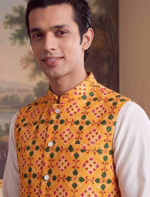 yellow silk blend printed design koti  4