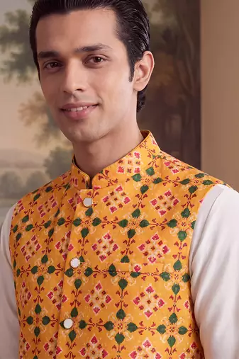 yellow silk blend printed design koti 