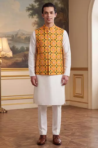 yellow silk blend printed design koti 