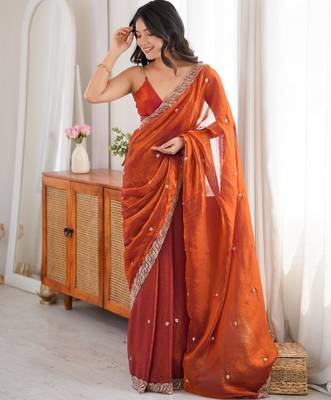 Orange tissue satin embroidered saree with unstitched blouse piece. 2