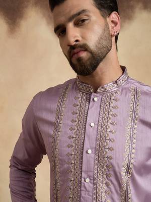 lavender silk blend solid embroidered straight kurta with trouser set  1