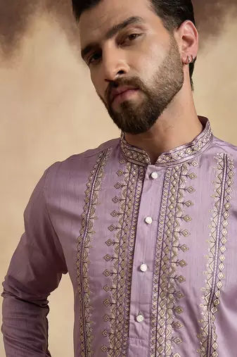 lavender silk blend solid embroidered straight kurta with trouser set 