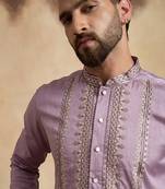 lavender silk blend solid embroidered straight kurta with trouser set 