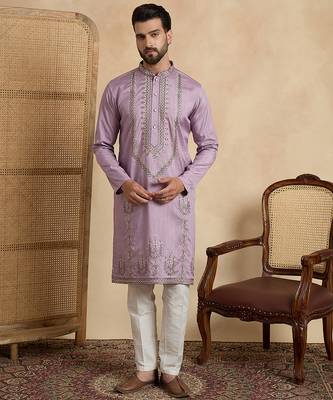 lavender silk blend solid embroidered straight kurta with trouser set  2