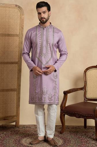lavender silk blend solid embroidered straight kurta with trouser set 