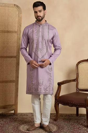 lavender silk blend solid embroidered straight kurta with trouser set 