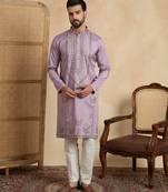 lavender silk blend solid embroidered straight kurta with trouser set 