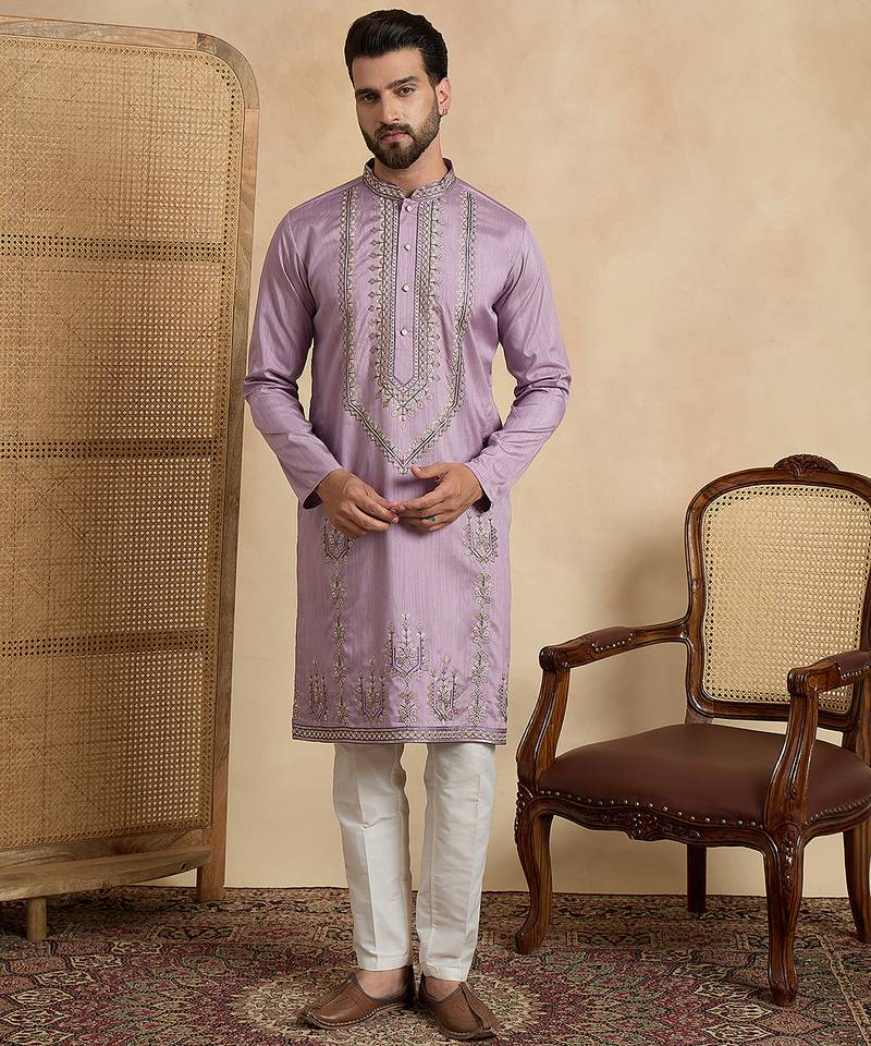 lavender silk blend solid embroidered straight kurta with trouser set 