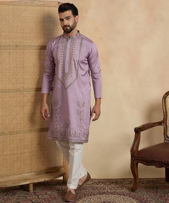 lavender silk blend solid embroidered straight kurta with trouser set  3