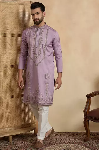 lavender silk blend solid embroidered straight kurta with trouser set 