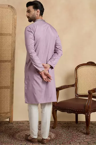 lavender silk blend solid embroidered straight kurta with trouser set 